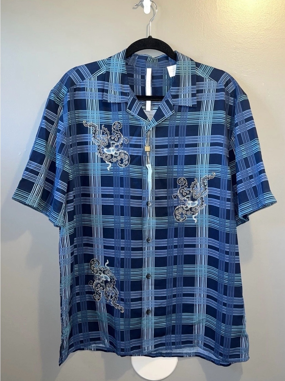 Axis 100% Silk Shirt Mens M Navy Plaid Button Down Short Sleeve Embroidered New